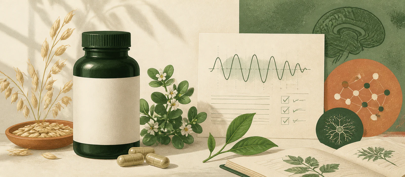 Generic dark green supplement bottle with capsules, botanicals, and an evidence sheet