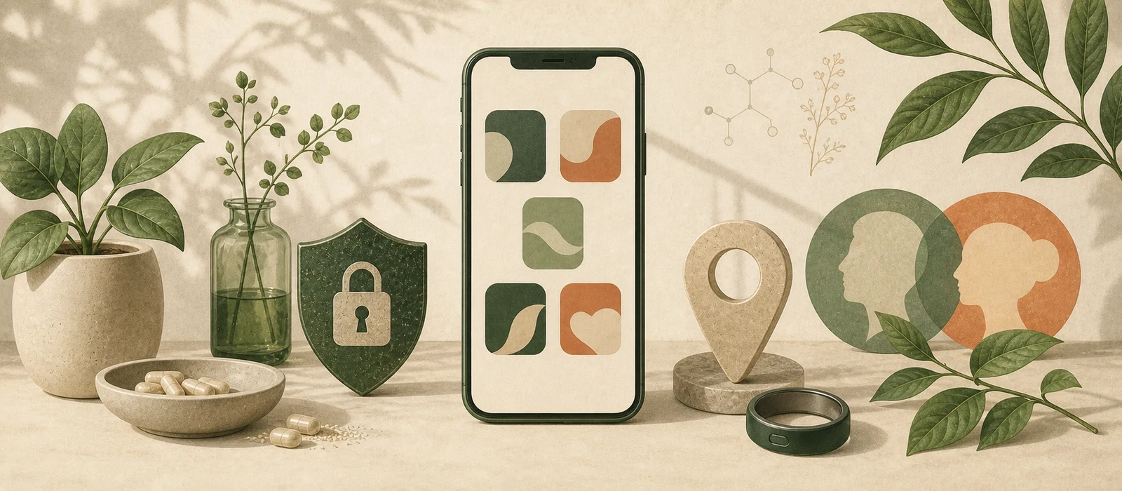 Generic smartphone with five app tiles beside privacy, location, and wearable motifs