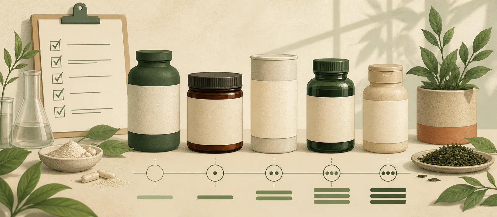Five generic supplement containers with tea leaves and a label-comparison checklist