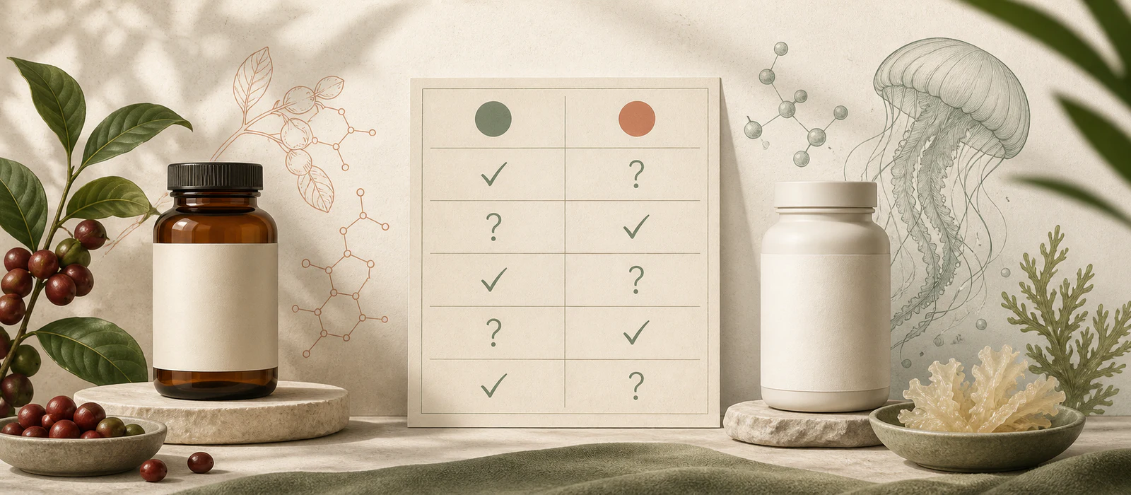 Two generic supplement containers beside coffee cherry and jellyfish research motifs